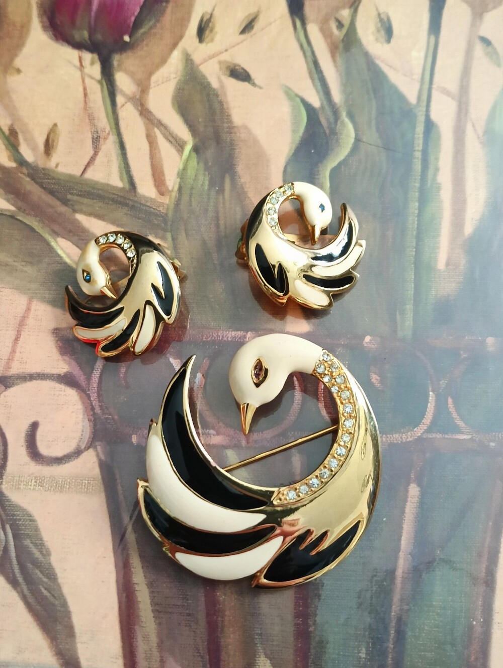 Vintage Black, Ivory & Gold Enamel Swan Brooch & Clip Earrings with Crystal Acce